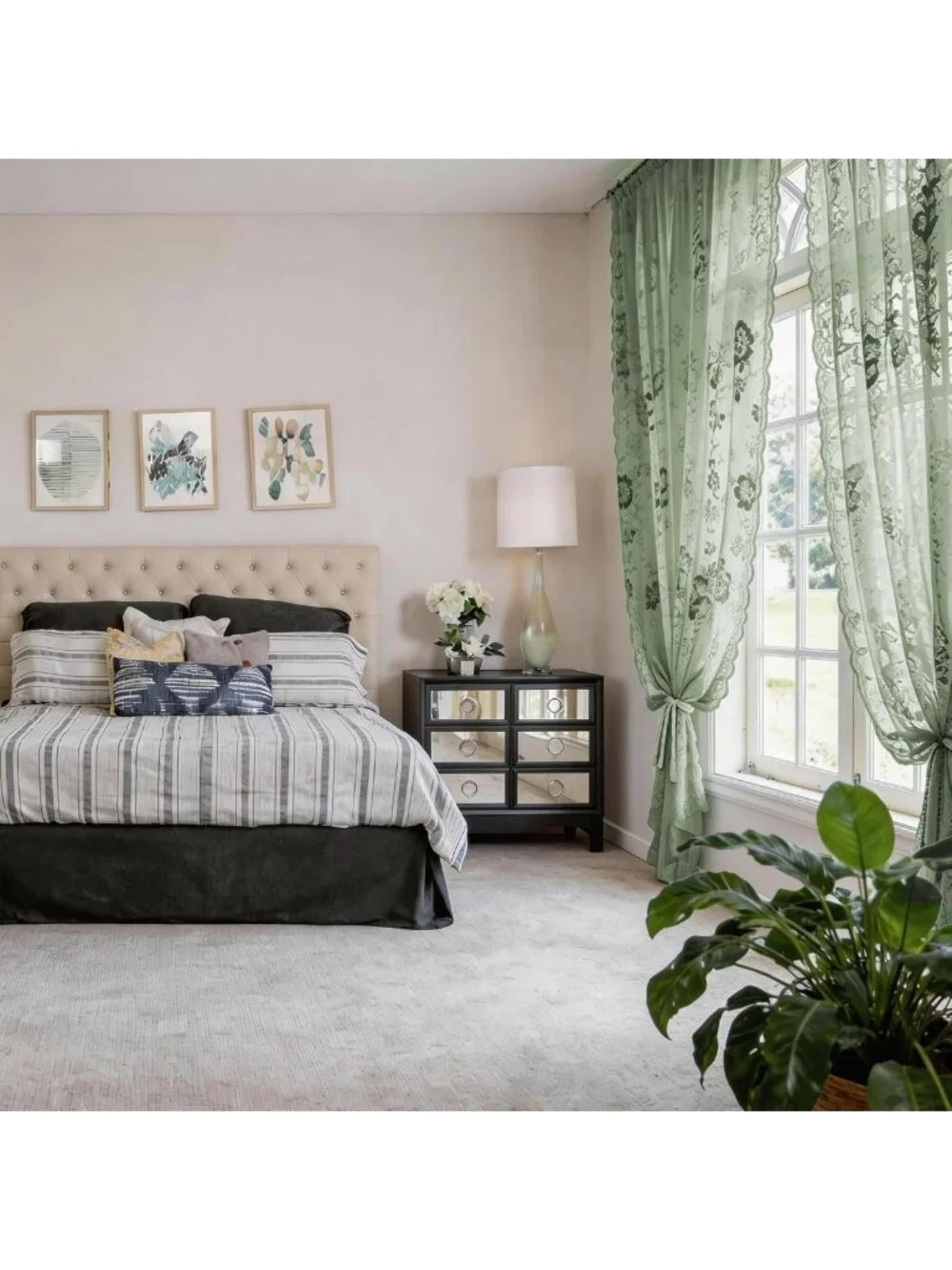 Sage Green Vintage Floral Lace Curtains - 84